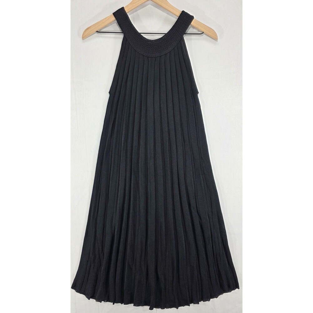 Arden B Pleated Trapeze Dress M Black Viscose Knit Halter Neck Swing Vintage Y2K